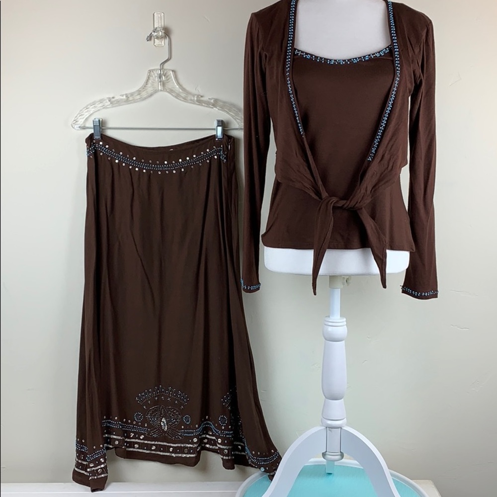 Three piece outfit chocolate brown & turquoise